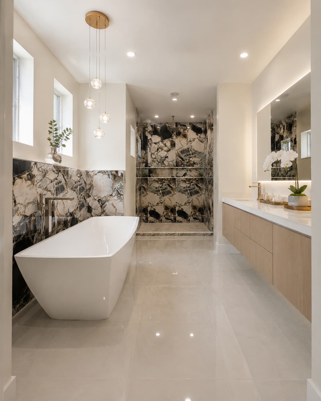 Remodeled bathroom suite with freestanding tub, marble shower and floating vanity