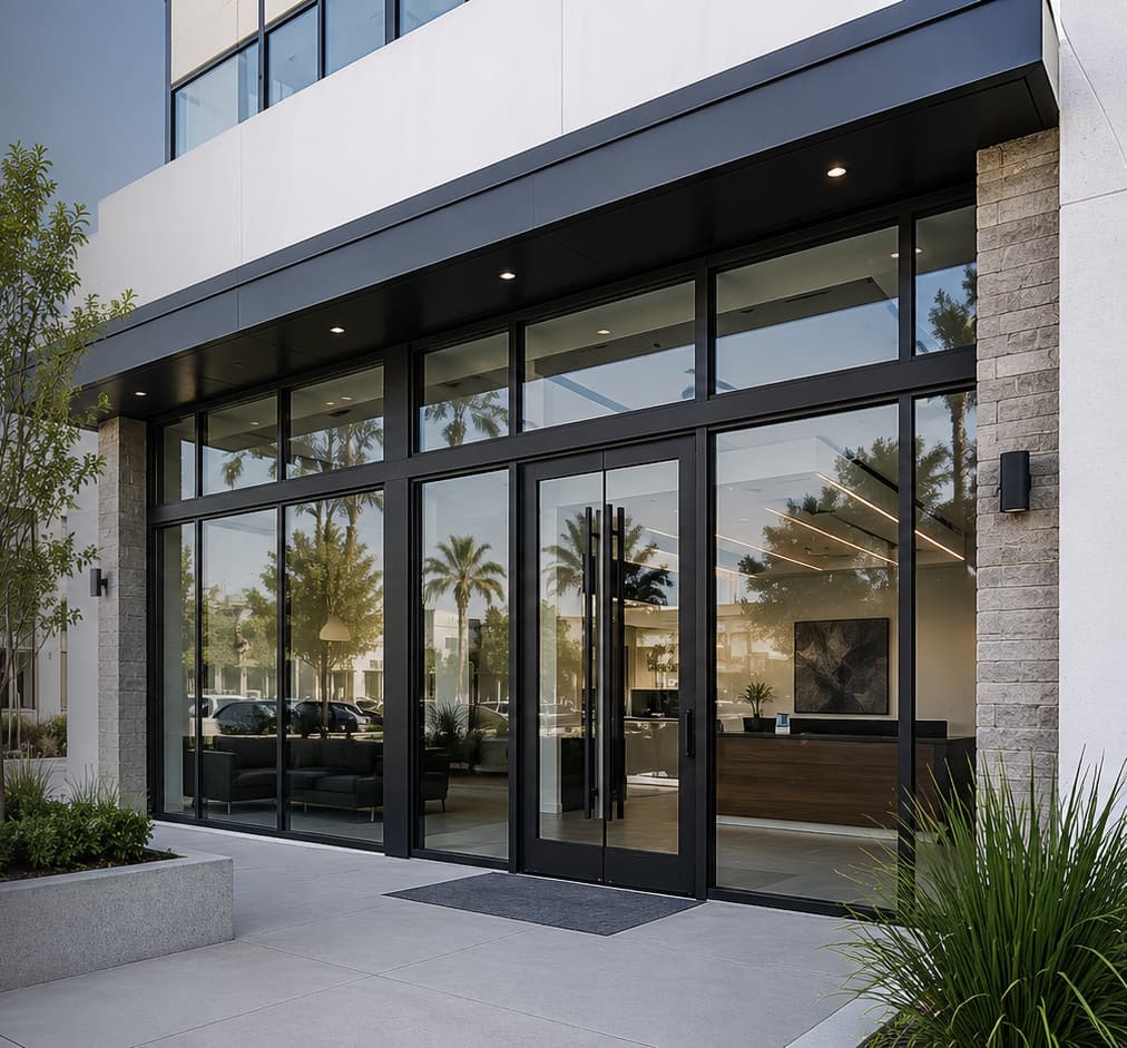 Commercial building entrance with black-framed glazing and glass doors