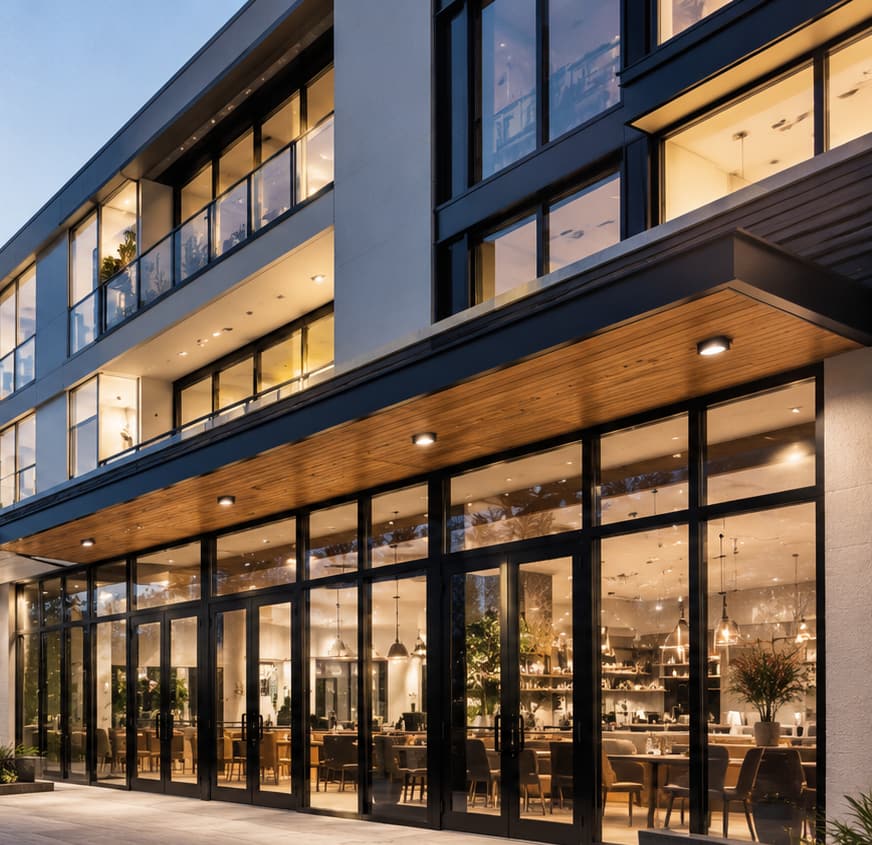 Multi-story commercial building with black-framed storefront glazing at dusk