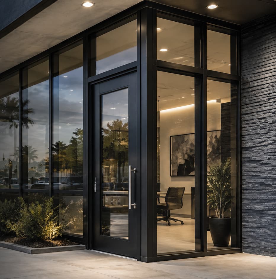 Commercial storefront with black-framed glazing and a glass entrance door at dusk