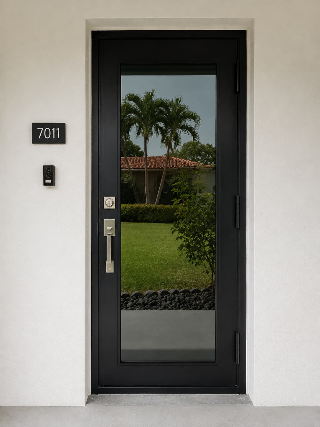 Modern black aluminum impact entry door with a full glass panel