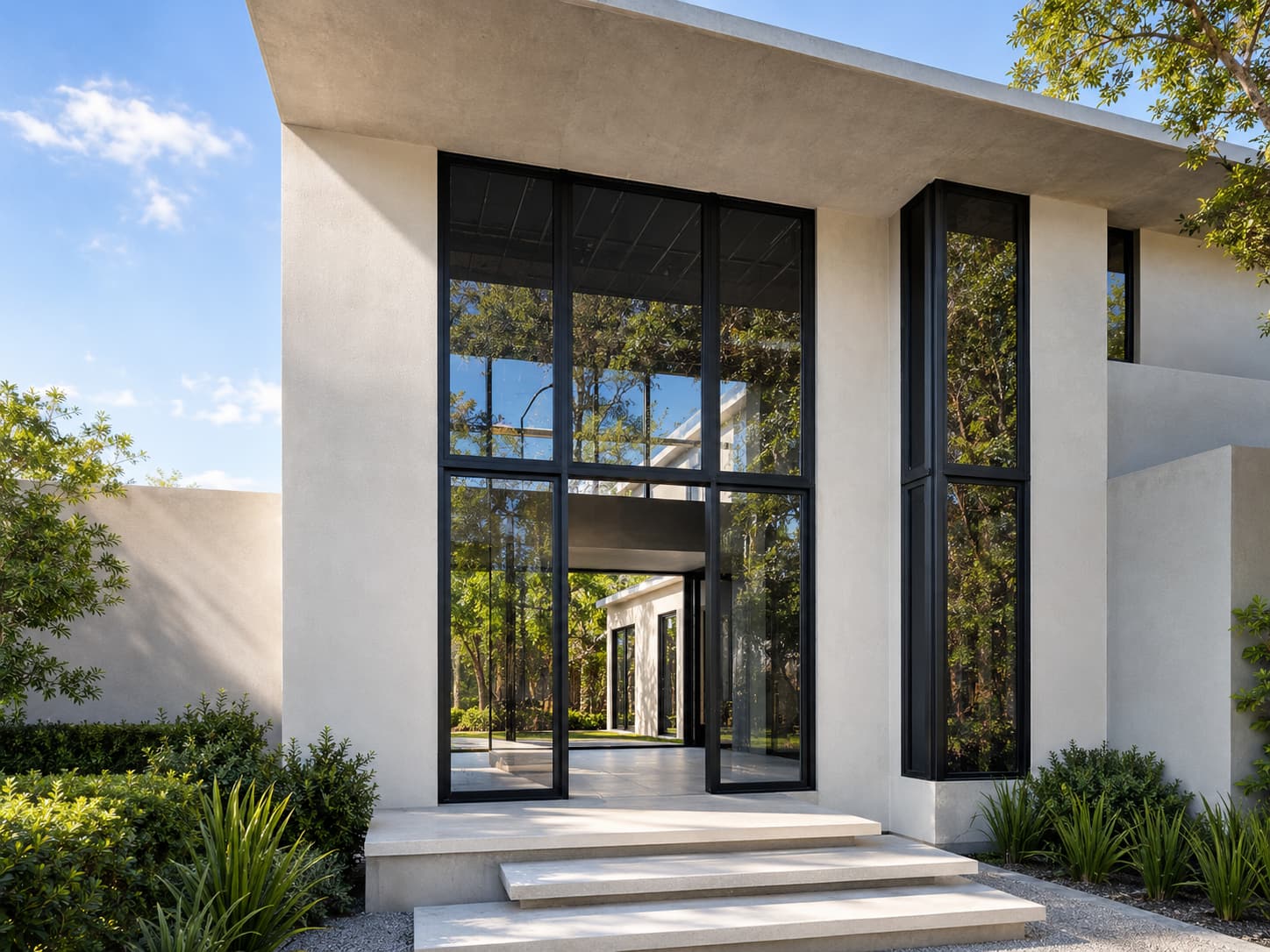 Modern home entrance with floor-to-ceiling black-framed impact glass and entry door