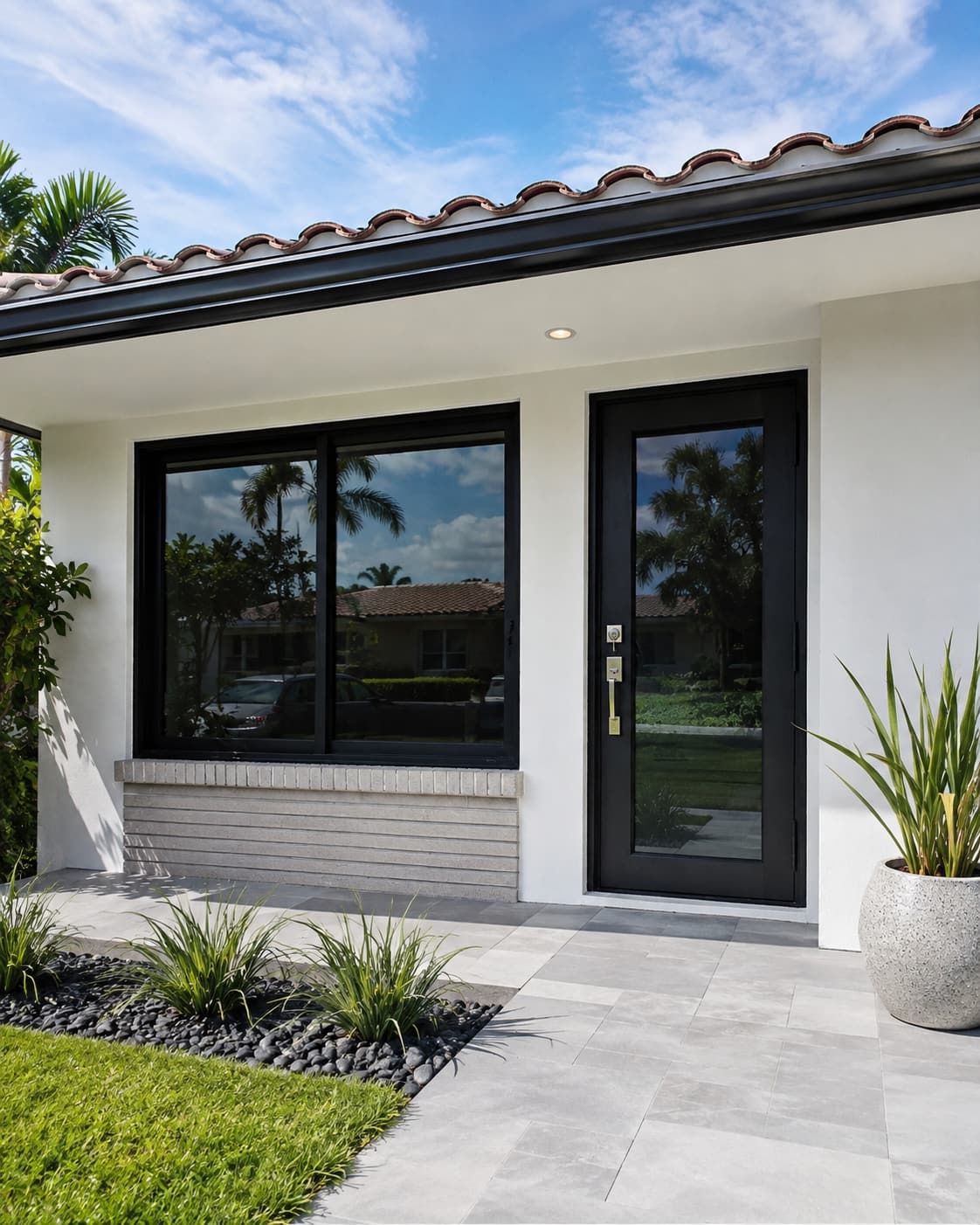 Single-family home with a new black-framed impact window and full-glass entry door