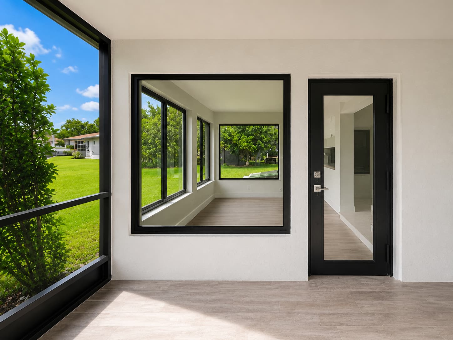 Fixed impact glass and glazed impact door forming a patio glass wall