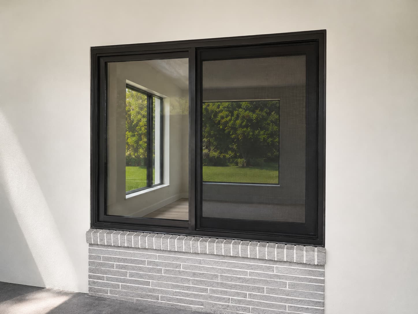 Detail of a black-framed horizontal roller impact window over a brick sill