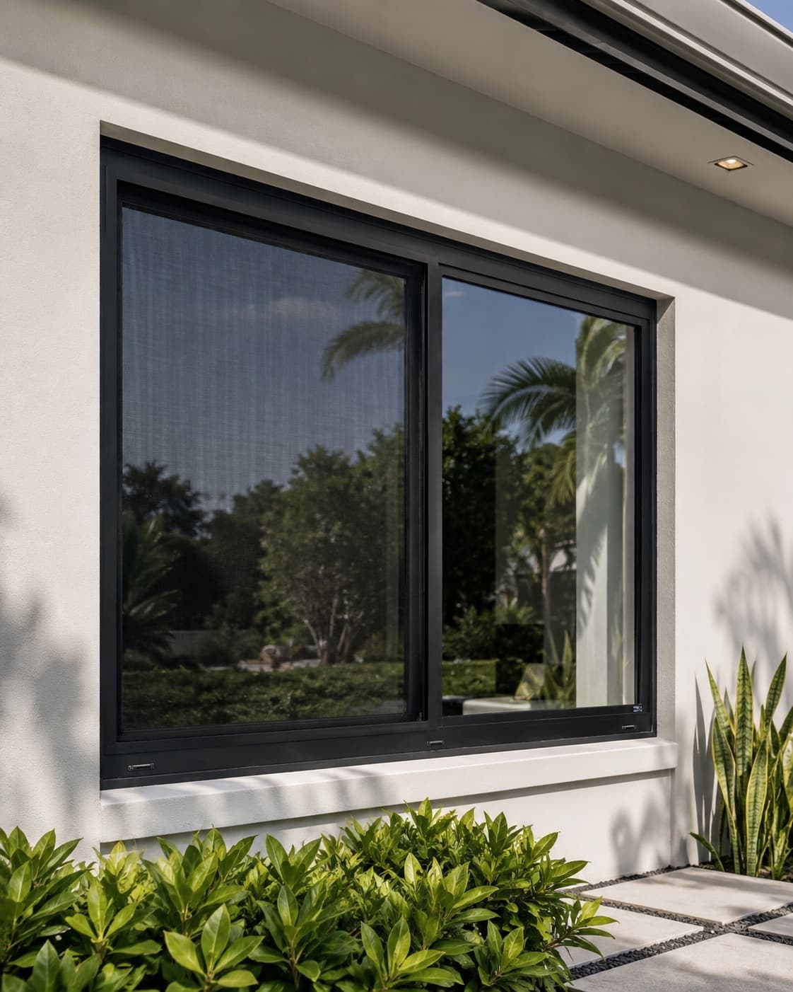 Close-up of a black aluminum framed impact sliding window