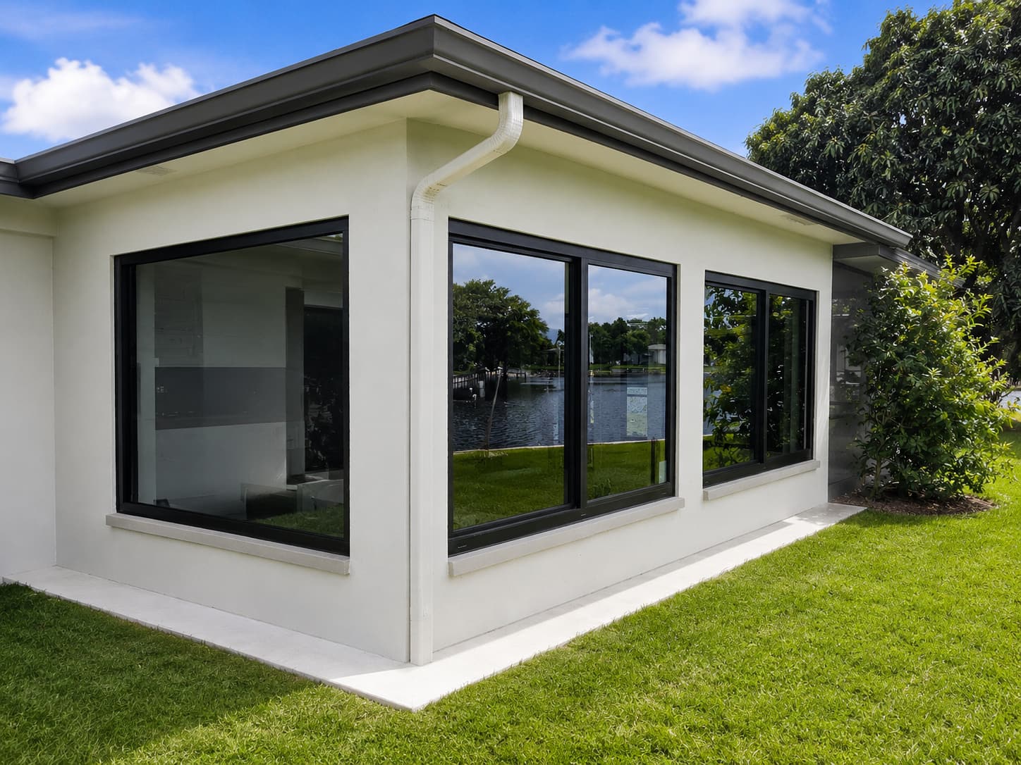 Black-framed impact picture and sliding windows wrapping a building corner