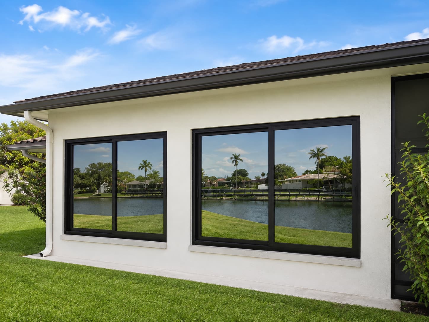 Pair of large black-framed impact windows on a waterfront elevation